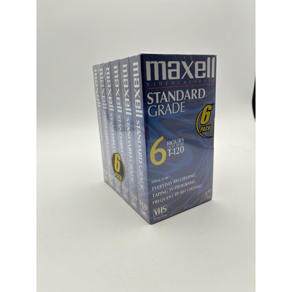 Sealed 6 Pack Maxell Blank Tapes VHS T-120 VCR Video Cassette 6 Hour EP Mode